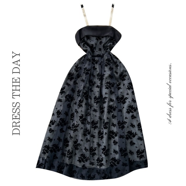 ハイウエストフラワークリアストラップドレス D0110