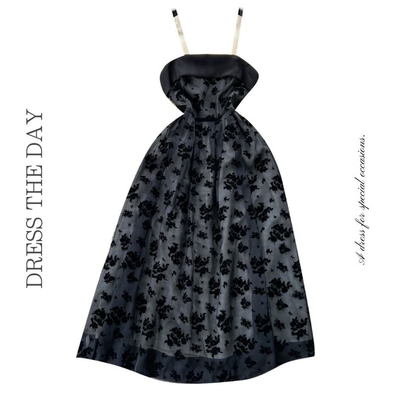 ハイウエストフラワークリアストラップドレス D0110