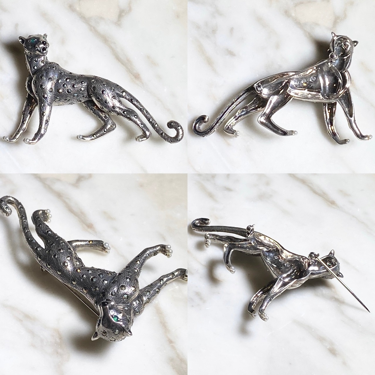 ROKUZAN silver brooch “leopard” set with emerald & onyx & marcasite