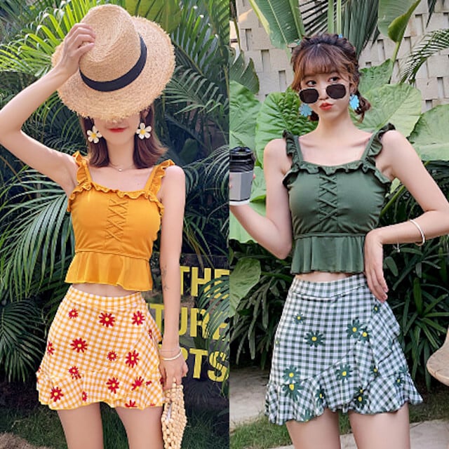 水着 レディース 体型カバー 上下セット 花柄 チェック タンキニ フリル ハイウエスト 2点セット セパレート イエロー グリーン S/M/L/XL