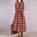 ロングワンピース レディース ワンピース 長袖ワンピース ロング丈 チェック柄 格子柄 プルオーバー スタンドカラー ウエストリボン Ａラインスカート カジュアル お出かけ 綿 コットン ワンピース