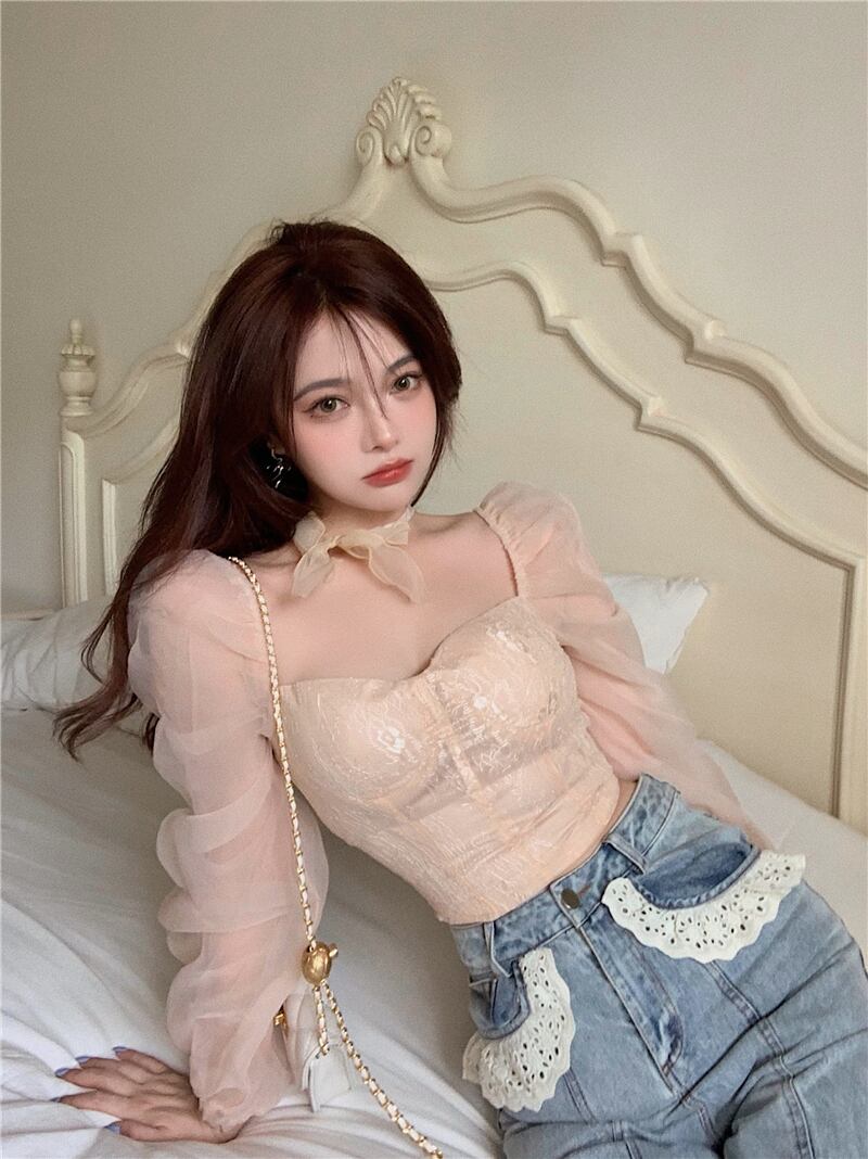 メッシュレースシフォンシャツ レディースサマー薄手ショート ロング 大人ガーリー スウィート キュート カジュアル 夏物 ブラックストロベリース10550347067