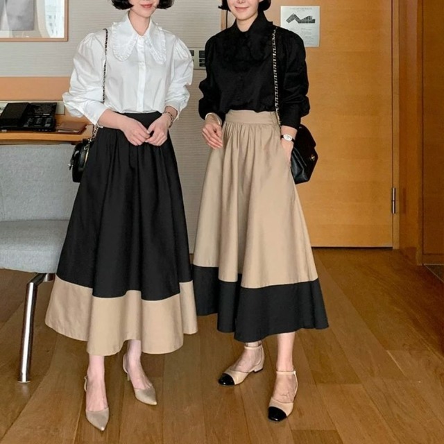 Ruffle collar puff sleeve shirt ＆ Color block flare skirt A1758
