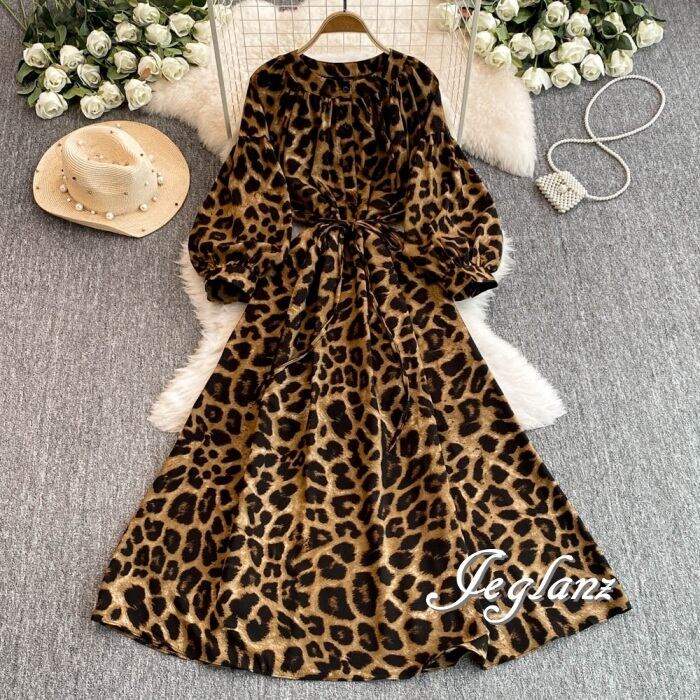 6色 レオパード柄 ワンピース ドレス 紐ベルト ボタン 着映え(MA885)ζ