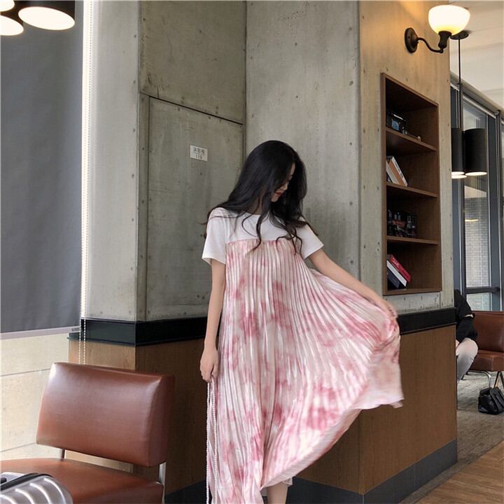 自主撮影 ワンピース ゆったりする カジュアル 新品 サテン プリーツスカート 怠惰な風 ロングスカート