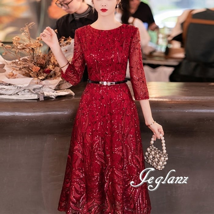 3色 パーティ ドレス ワンピース スパンコール 光沢感 7分袖 ♪ (M8753)ζ