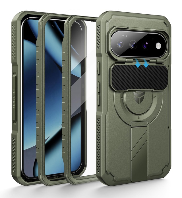 Dexnor Google Pixel 11/11 Pro,Google Pixel 10/10 Pro用ケース、カメラカバー&キックスタンド&画面保護フィルム&2つのフレーム付属、MagSafe対応、頑丈な耐衝撃バンパーケース、マグネット式保護カバー,グリーン