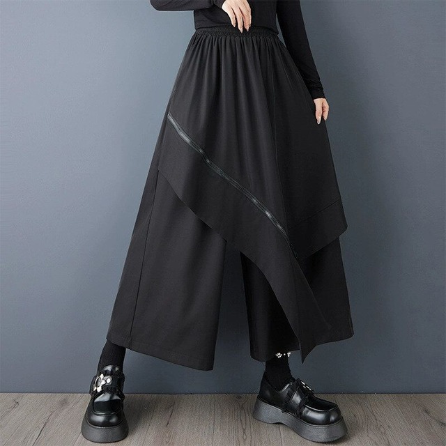 BLACK ELASTIC WAIST WIDE LEG DESIGN PANTS 1color M-15192