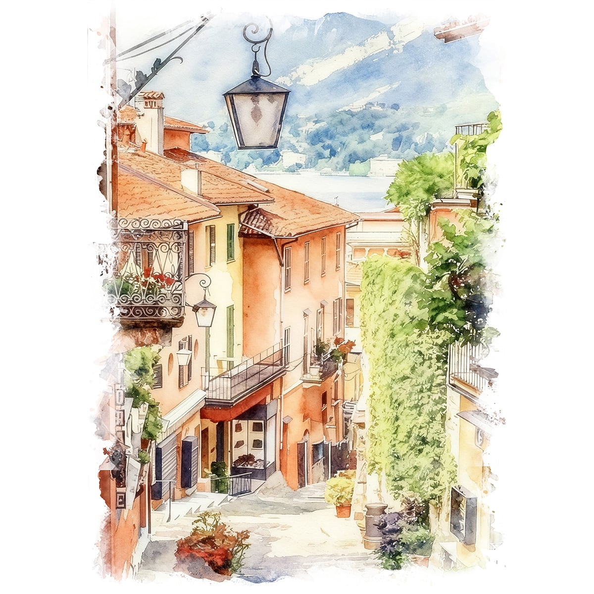 絵画 風景画 イタリア 北部 コモ湖周辺の街並み インテリアアート額付き 水彩画風 WAT1652