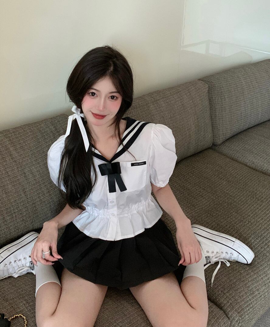 ネイビースタイルスリーブシャツ サマーショート半袖トップス リボン ハーフスリーブ 夏物 ブラックストロベリース8404164569