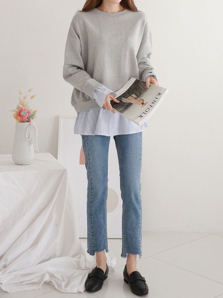 重ね着風 レイヤードトレーナー ストライプシャツ | milkyjiji 重ね着風 レイヤードトレーナー ストライプシャツ | milkyjiji