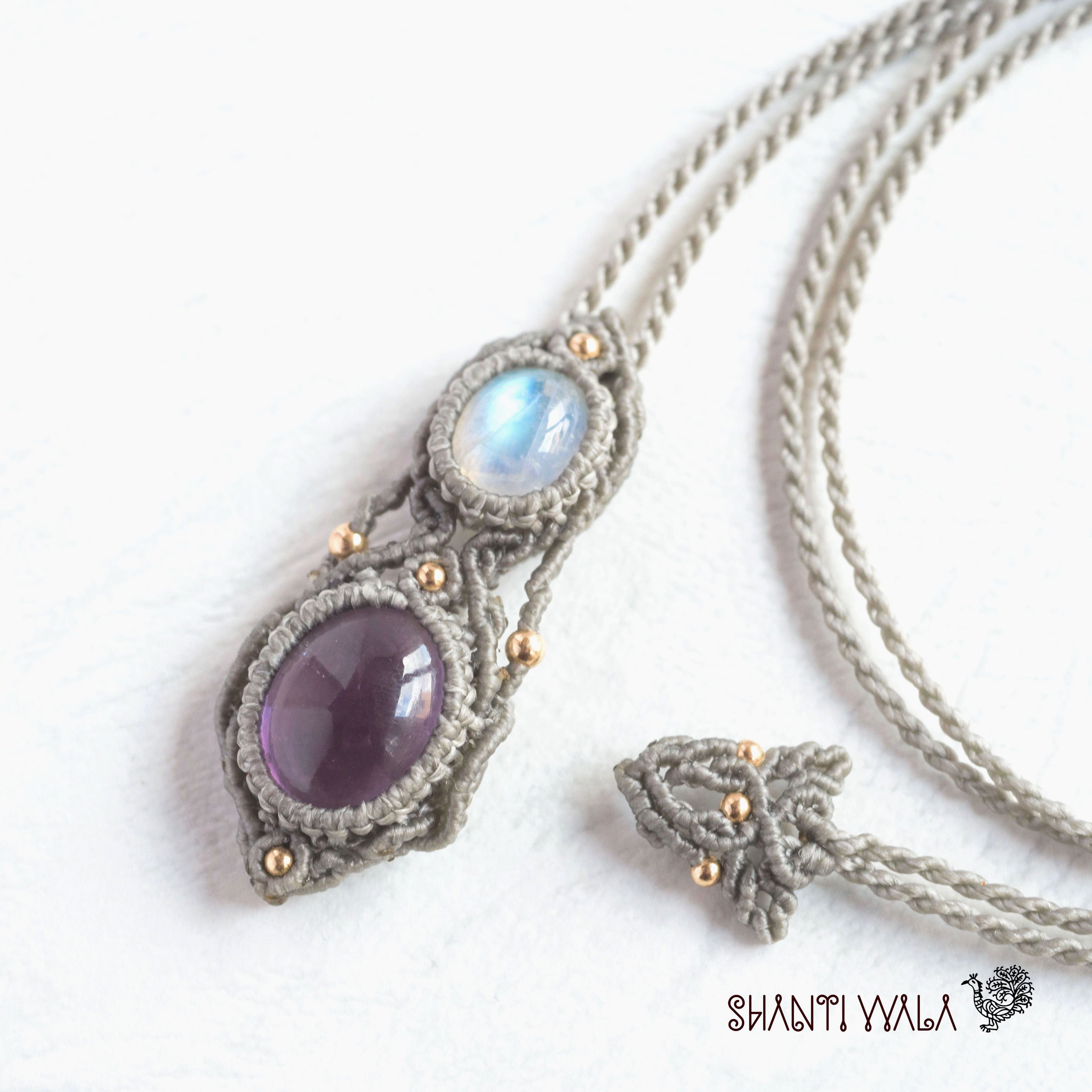 アメジスト＆ブルームーンストーンのマクラメ編みネックレス