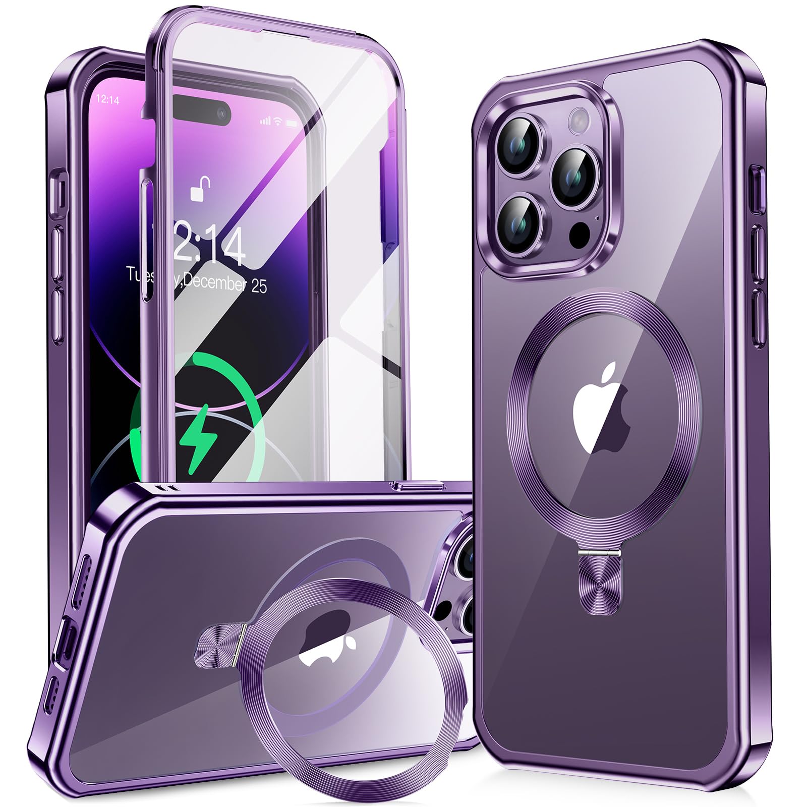 【360°全面保護・スタンド・Magsafe対応】KELLCASE iPhone 14 用 ケース 両面 隠しスタンド・CDリング 横縦両立
