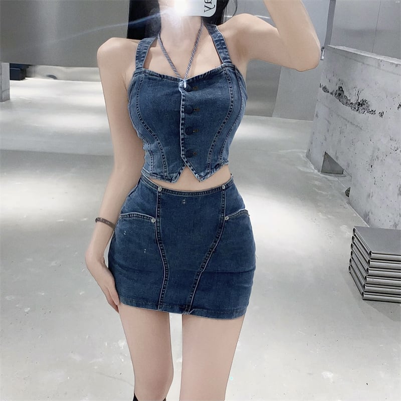 使い勝手の良い】 DRデニムキャミソール ミニスカートセット ミニ