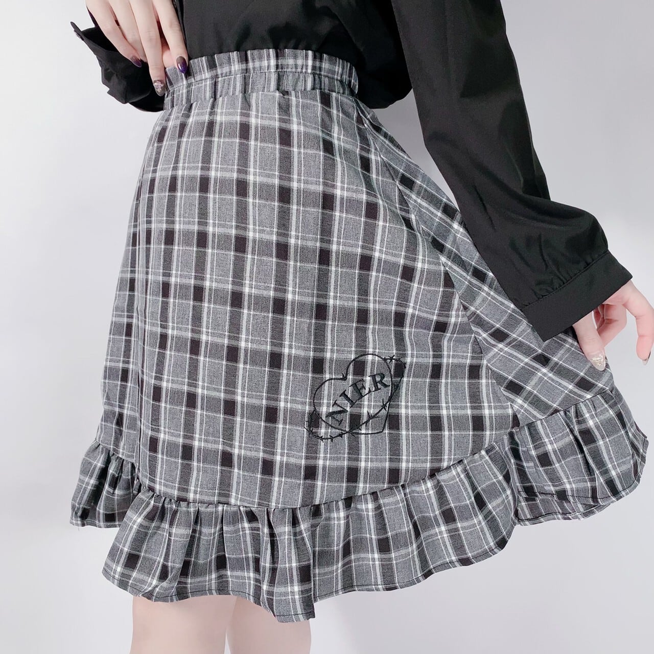 最終決算 ペブル様専用♥️ ウエストレースアップ裾刺繍入りチェック柄フレアースカート