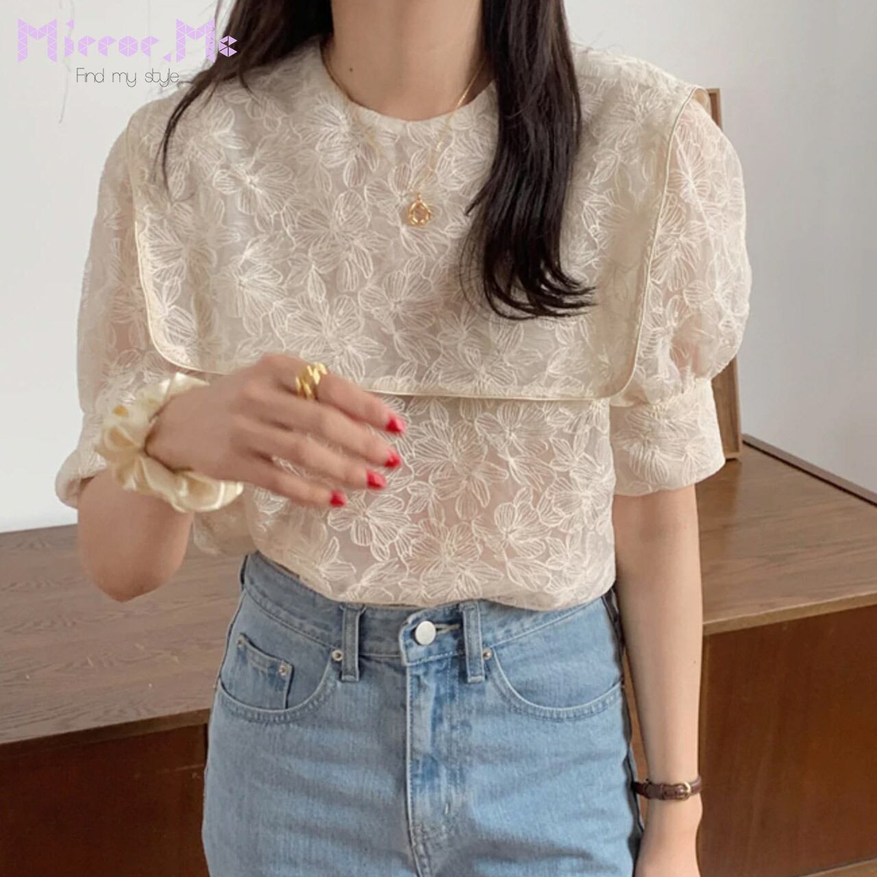 デザインスクエアネックフラワーレーストップス Mirror Me