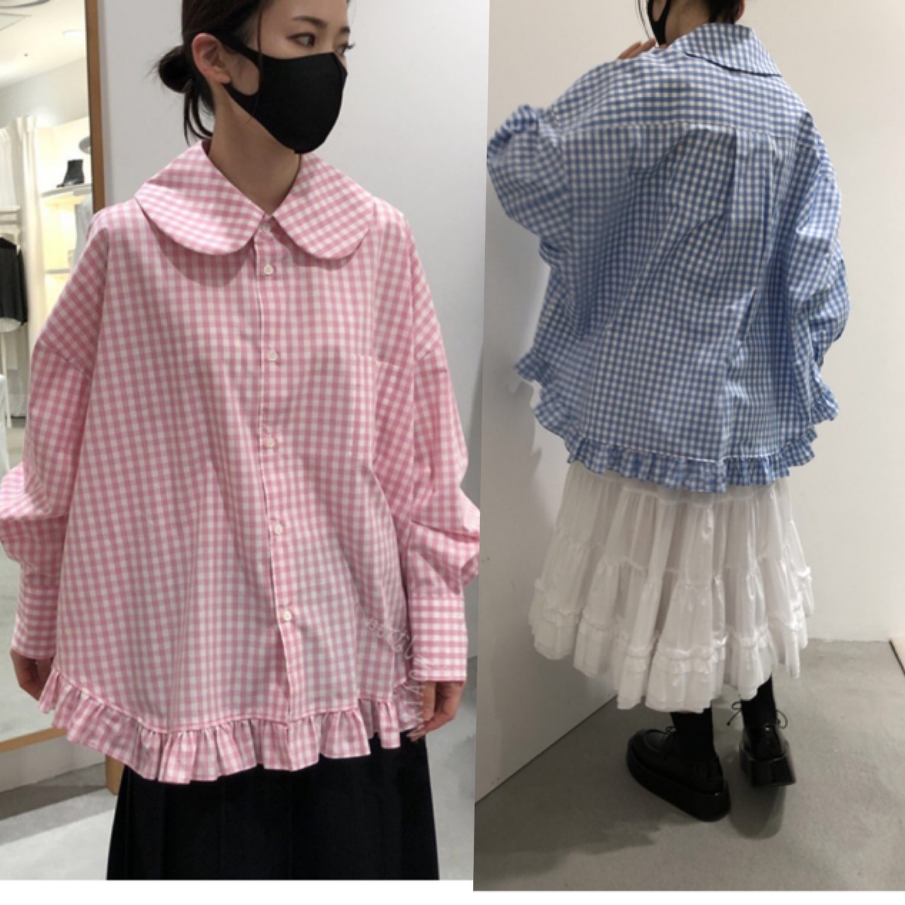 2カラー 】ギンガムチェック ピンク 水色 ブラウス チュニック 丸襟 