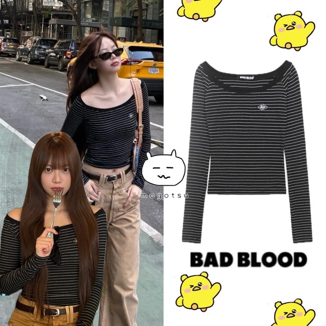 ★LE SSERAFIM ウンチェ 着用！！【BADBLOOD】Beyond Soft Off-Shoulder Top - Stripe Black