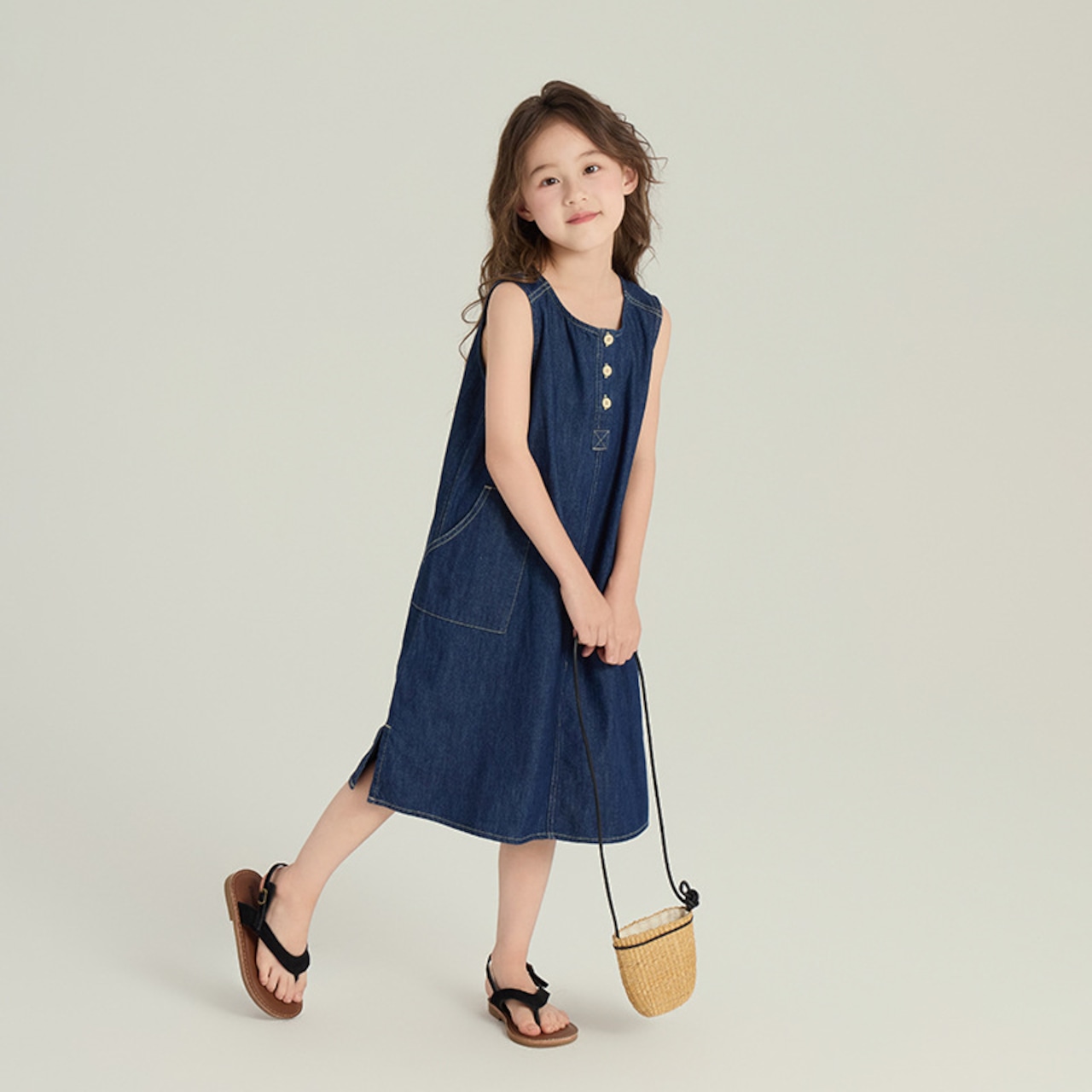 夏ステッチノースリーブデニムワンピース