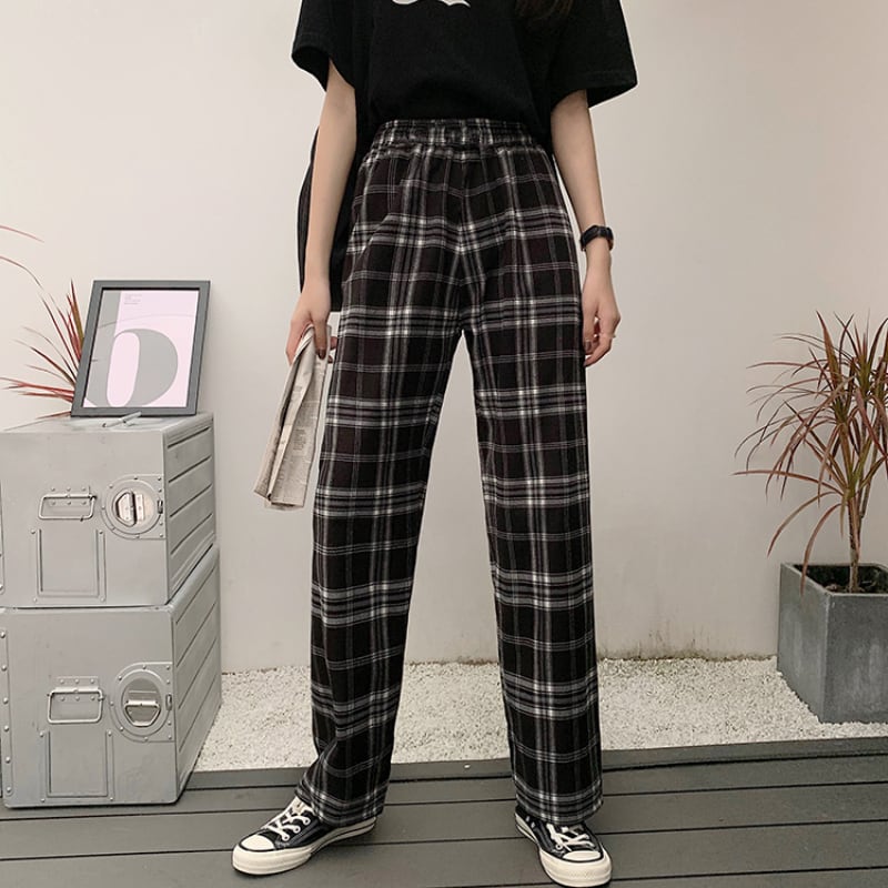 チェックシャツ/ワイドレッグパンツ セットアップ r-3793 送料無料 JMPRSヴィンテージチェック柄パンツ女性ルーズワイド