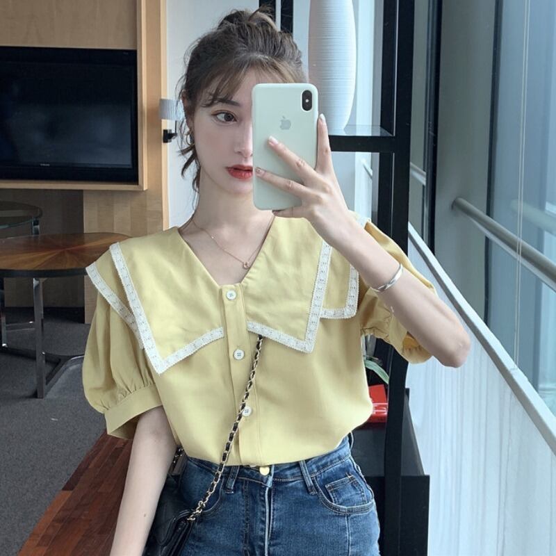 2020年夏の新作カレッジスタイルデザインセンスバブルスリーブダブルレイヤーラペルルーズ半袖シャツトップレディーストレンド 1号婦人47677805919