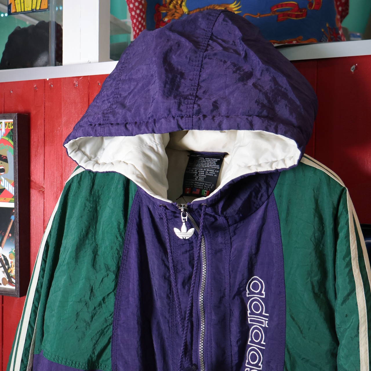 90s adidas 中綿ナイロンジャケット　ツートンカラー　緑×紫　刺繍トレフォイル　