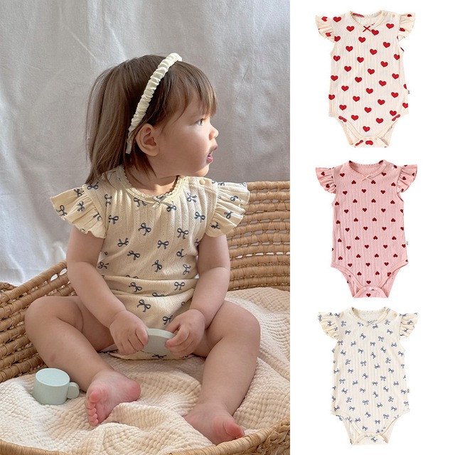 【BABY】可愛いハート/蝶結びフリルロンパース