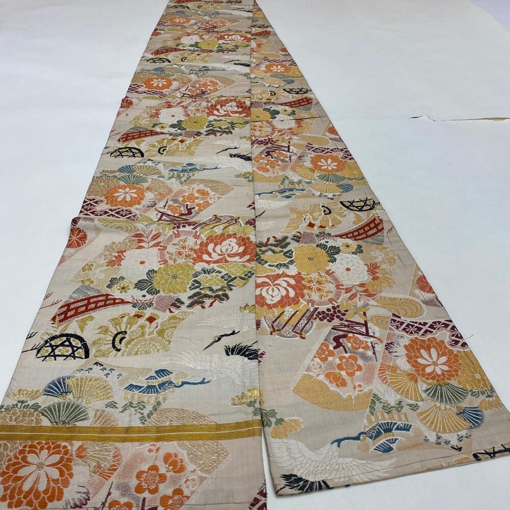中古 丸帯 正絹 草花 全通柄 ゴールド Cランク 392cm 5681