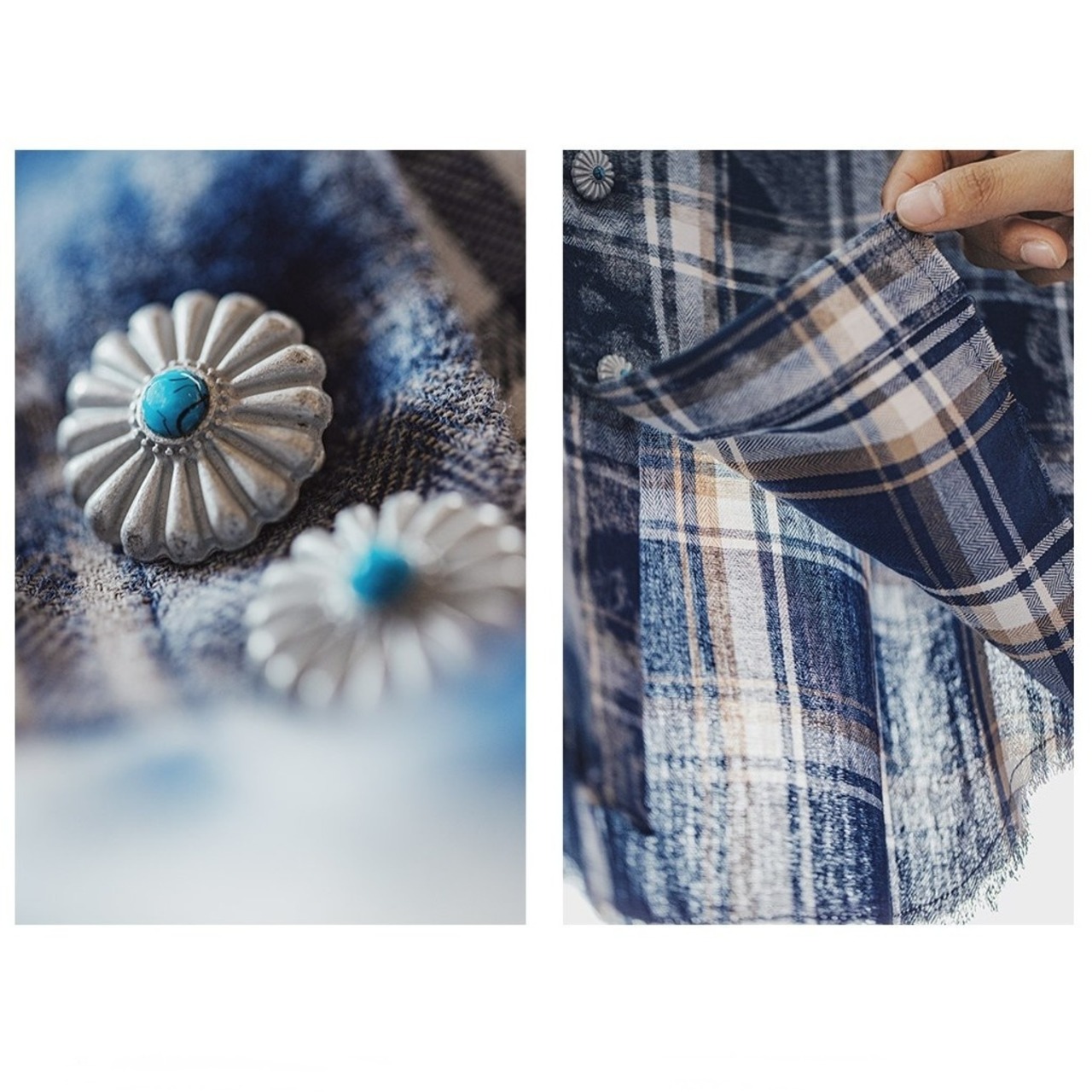 Flower Button Blue Plaid Shirt / フラワー ボタン ブルー チェック シャツ