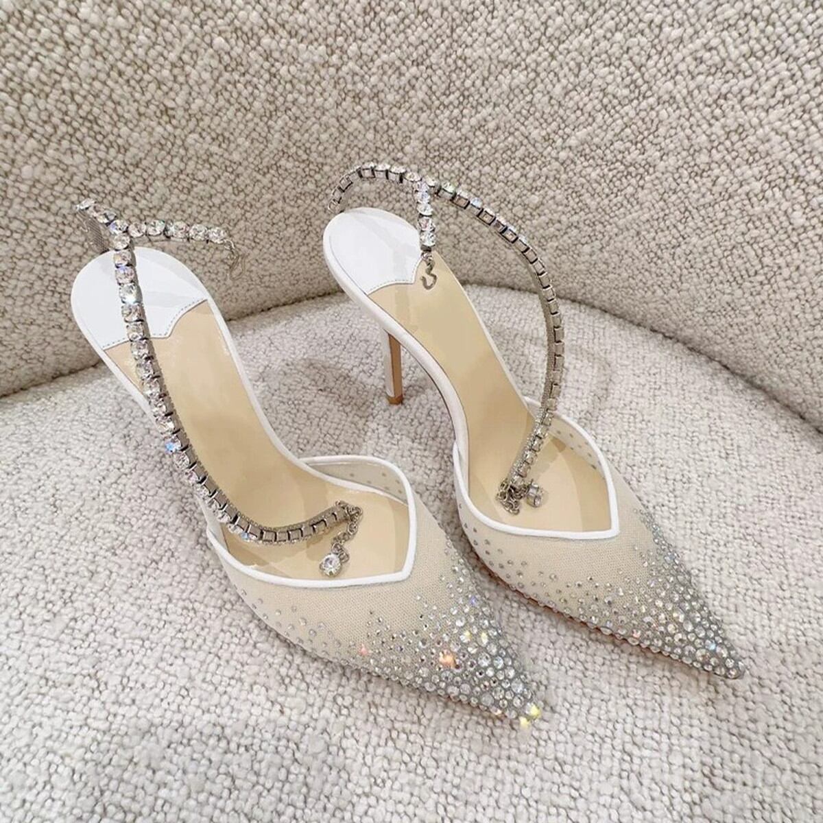 Rhinestone Mesh Pointed Toe Pumps(3color) V3626