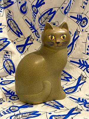 サイン入り　リサラーソン　スウェーデン製　猫　ネコ　陶芸　オブジェ　置き物　インテリア　陶器　グレイ　LISALARSON