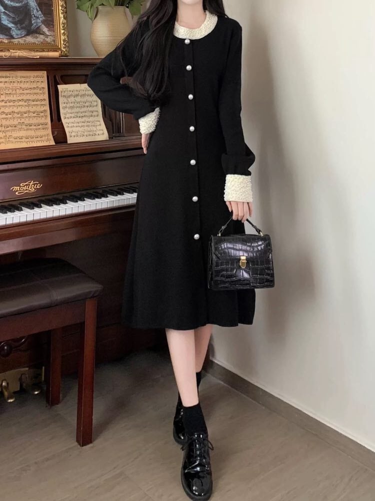 シンプルなのに惹かれる パールクラシカルワンピース 大人可愛い パール 配色 バイカラー 高見え 上品 細見え くじれ 体型カバー 大きいサイズ 韓国 CH11321