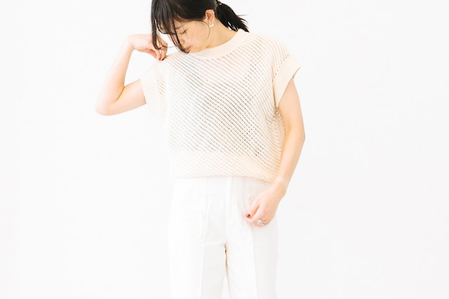 LINEN COTTON KNIT - FRENCH SLEEVE MESH  PULLOVER：麻綿ニット - フリンチスリーブメッシュプルオーバー