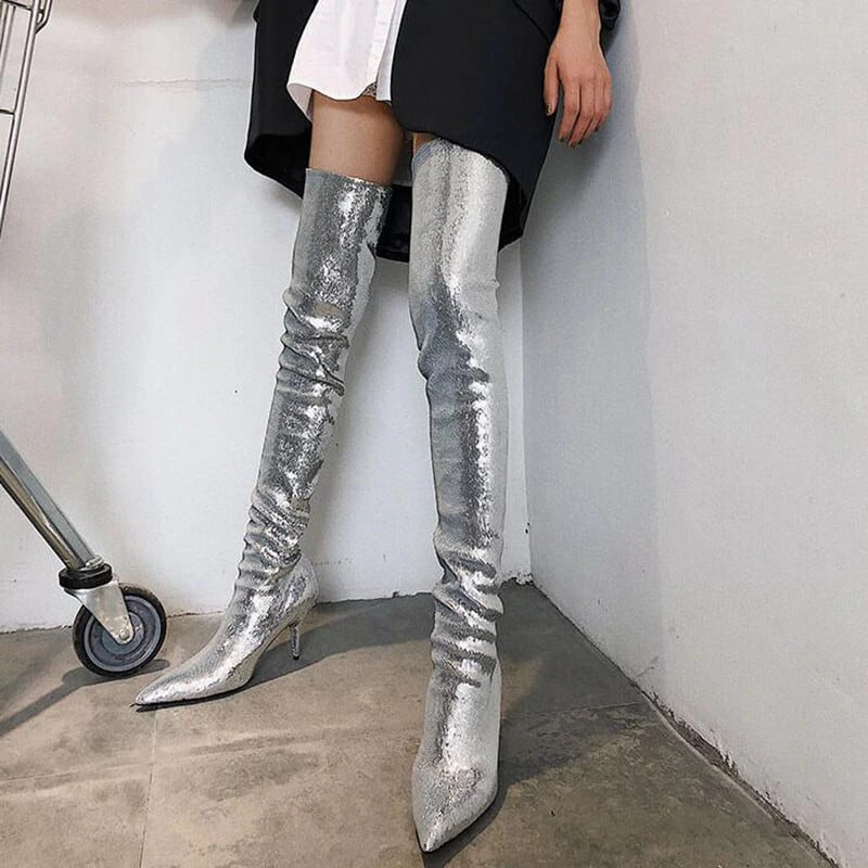 新作】【送料無料】 シルバーゴールドスパンコールブーツセクシーな