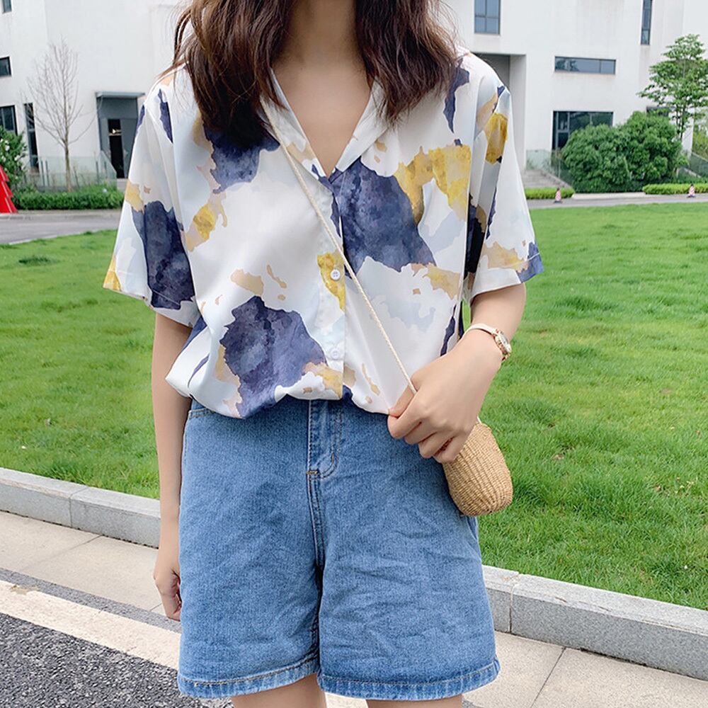 柄プリント 半袖 シャツブラウス レディース 韓国 春夏 トップス きれいめ かわいい おしゃれ 大人 大人可愛い カジュアル スキッパーシャツ Ritz Chic レディースファッション通販