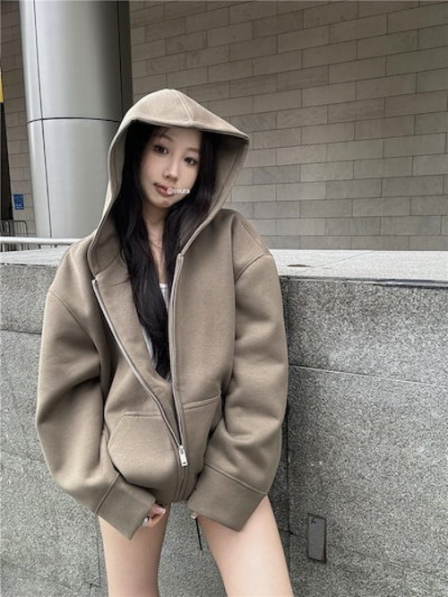 2024 秋冬トップスかわいいパーカーフード付き韓国風長袖ゆったり細見え黒おしゃれレトロチャッシルエット甘め大人っぽ韓国ダブルサイズファッション系ルーズレディースサイド袖お出かけ学生通学トラック羽織り