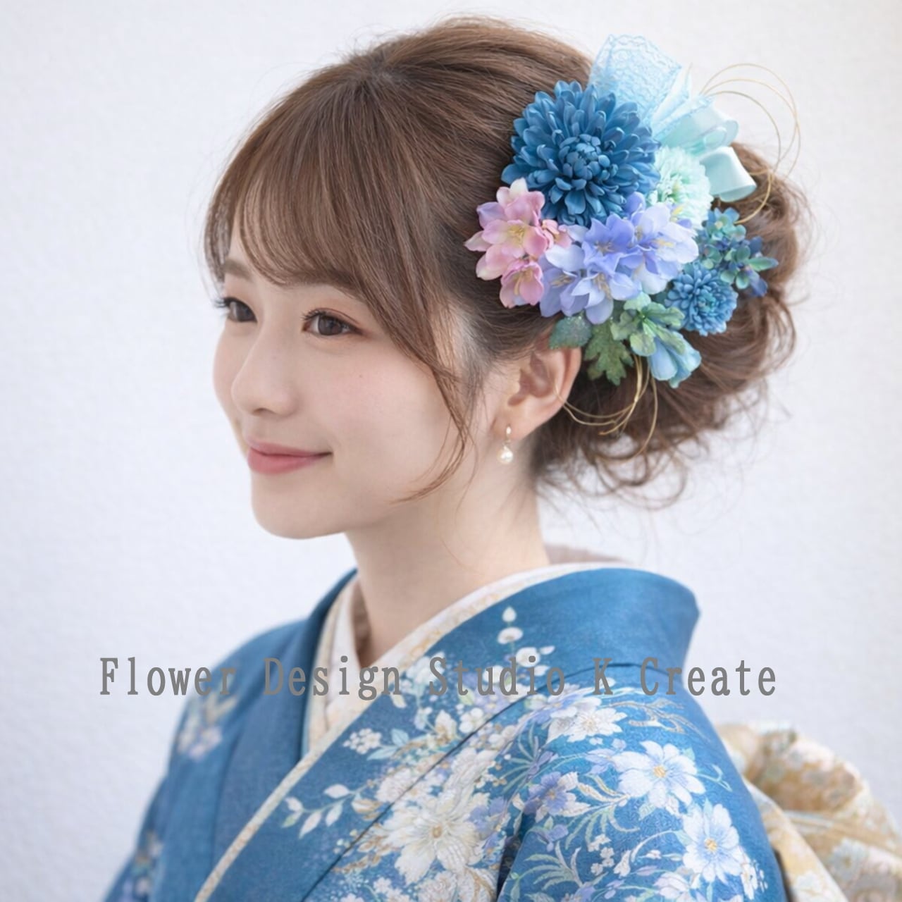 ブルーグリン系のお花とリボンのヘッドドレス 成人式 袴 入学式 卒業式 和装婚 前撮り 青緑 ミントカラー ミントブルー ミント 着物髪飾り