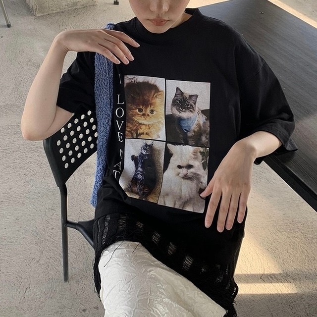 Cat loose large T-shirt <2colors>