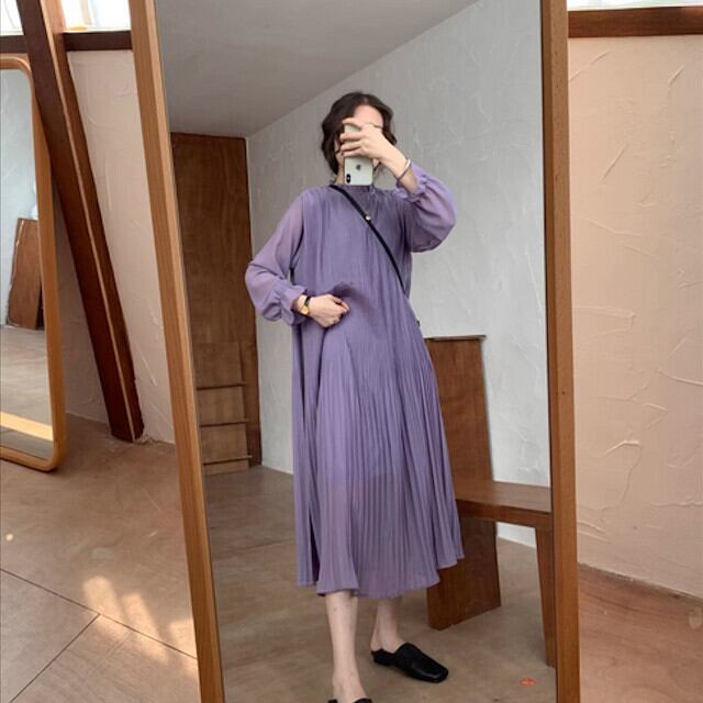 ワンピース レディース ロングワンピ プリーツ 長袖 ハイネック 透け感