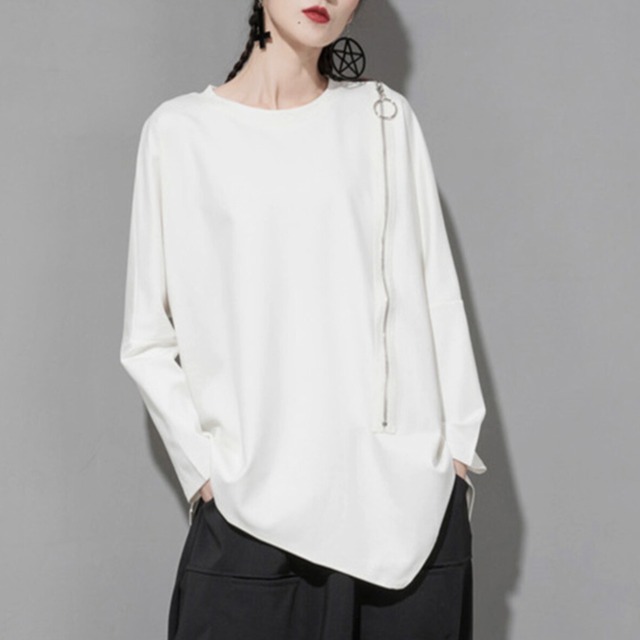 Asymmetrical hem long sleeve crew neck top【2color】 C1164