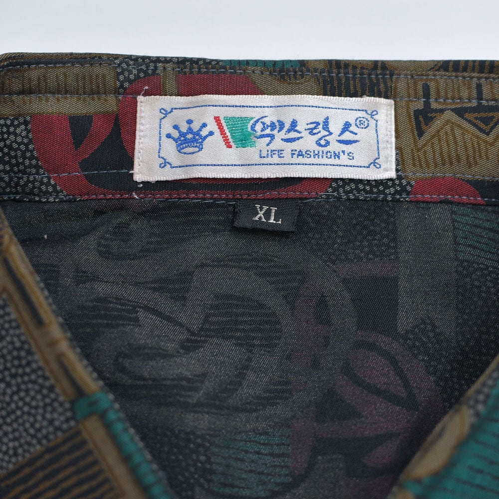 90～00s Korean used 民族柄トライバルパターン 総柄シャツ 長袖 幾何