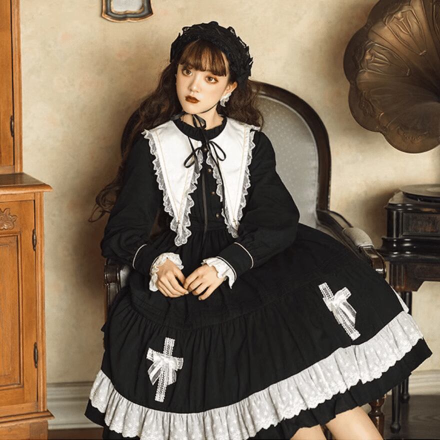 メイド服 ワンピース レース ヘアドレス付き 半袖 ゴスロリ