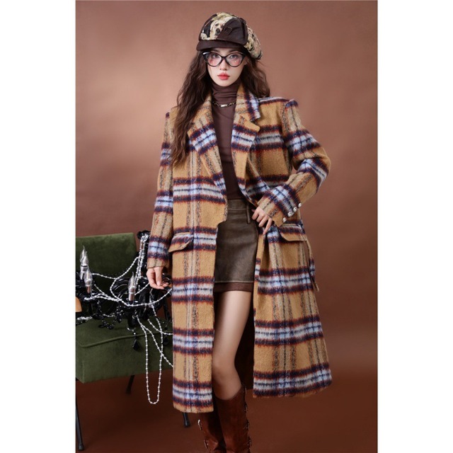 女性用ウールウールコートのリアルショット秋冬ミッドレングスチェック柄ウールコート新しいスタイル