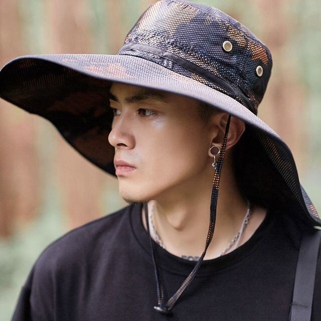 【予約販売】ハット メンズ レディース ツバ広 帽子 迷彩柄 ミリタリー アウトドア キャンプ Army 日焼け防止 UV対策 メッシュ ひも付き カーキ グレー ブラック ストリート スポーティー こなれ感 お洒落 韓国 トレンド