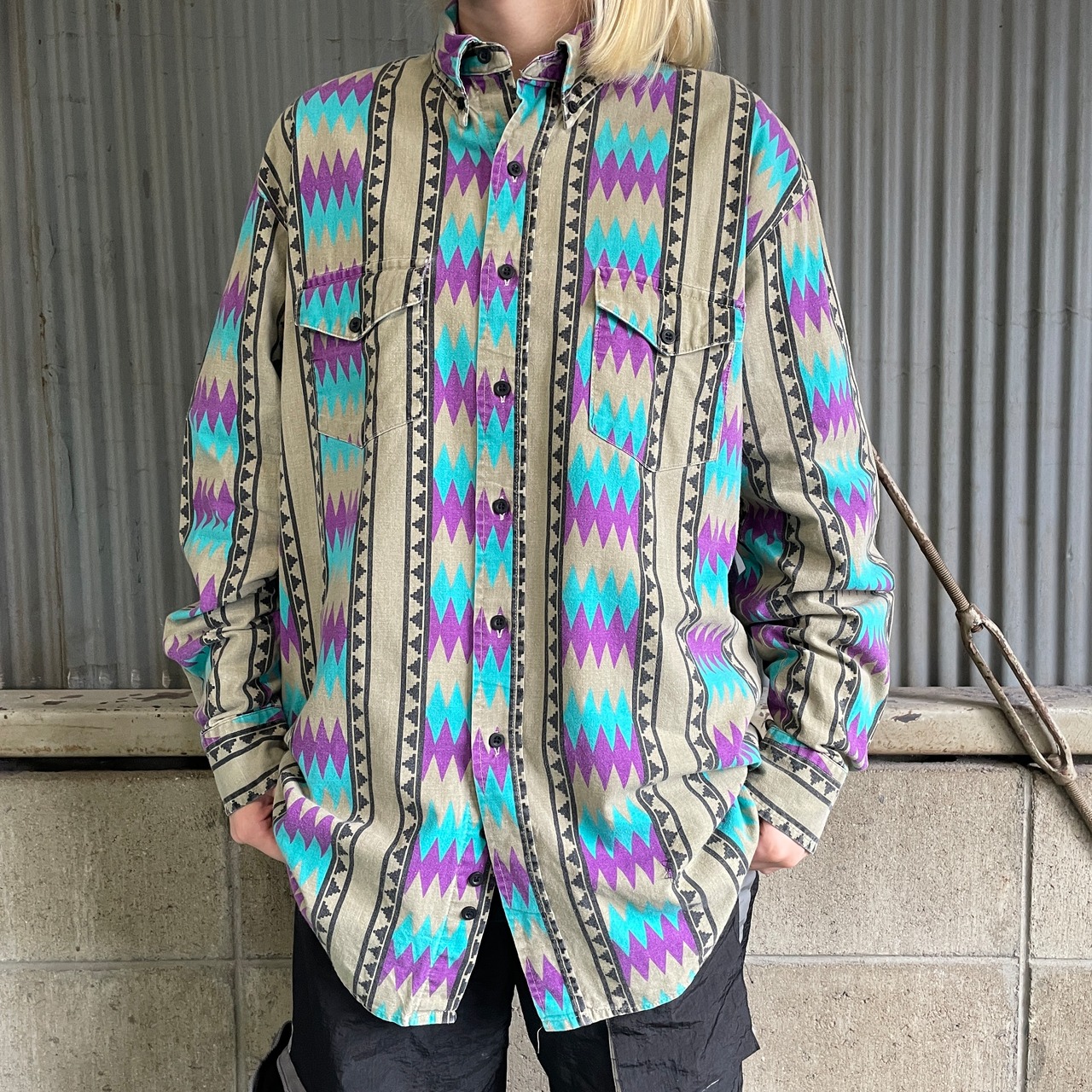 80年代 KARMAN 長袖 ネイティブ柄 総柄シャツ メンズL相当 古着 80s 