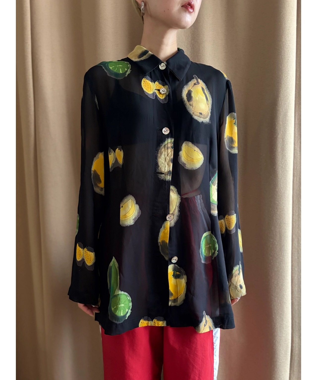 fruit pattern black sheer shirt-4717-5