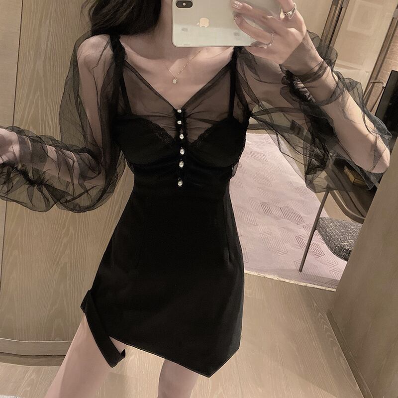 オータムドレス ショートメッシュトップス ハイウェストウェストスカート 秋物 ハンチェンe44210448384