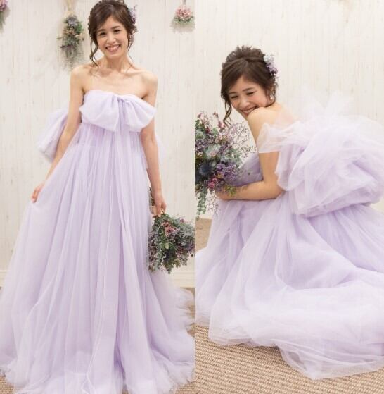 カラードレス パープル ベアトップ 光沢感 編み上げ ロングトレーン  