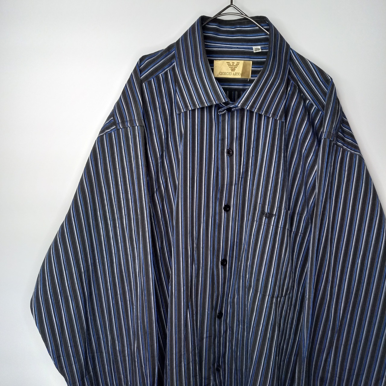 ジョルジオ・アルマーニ　ストライプ　シャツ　刺繍ロゴ　オーバーサイズ　金タグ　黒