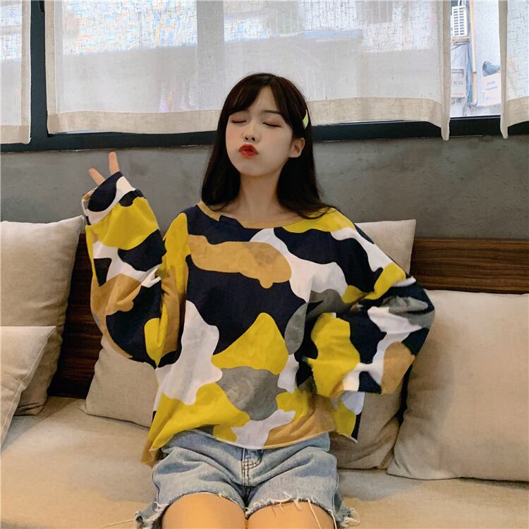 Tシャツ ルーズカラー迷彩プリント柄ラウンドネック長袖 長そで